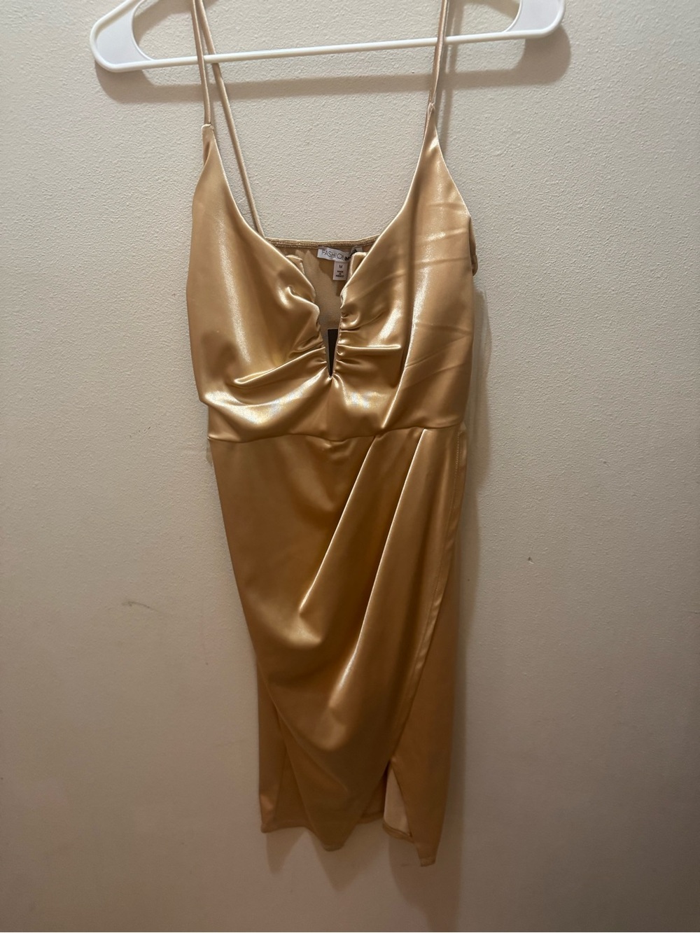Fashion Nova Metallic Gold Satin Midi Dress